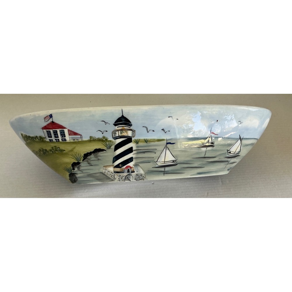 Sakura Nantucket Shoreline Oval Serving Bowl Sailboat Lighthouse Coastal 12.5in
